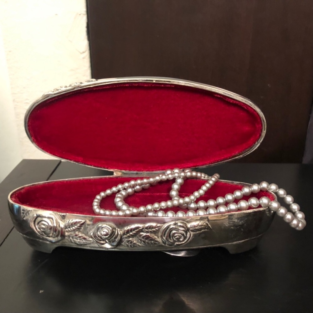 VTG Godinger Silver Plate Rose Jewelry Box Oval